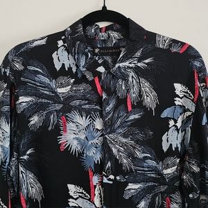 All Saints | Black Palm Pattern Long Sleeve Button Down Shirt (Small)